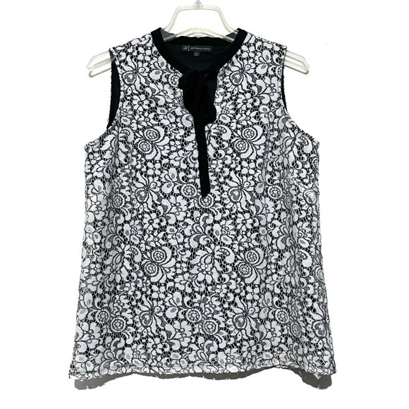 Adrianna Papell Sleeveless Pussycat Bow Tie-Neck Lace Top - Picture 5 of 13